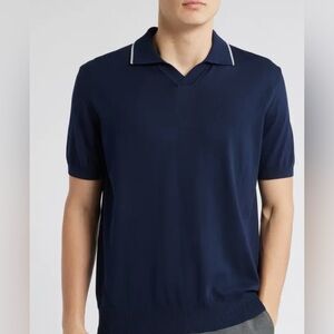 Canali Navy Short-Sleeve Polo with Contrast Trim